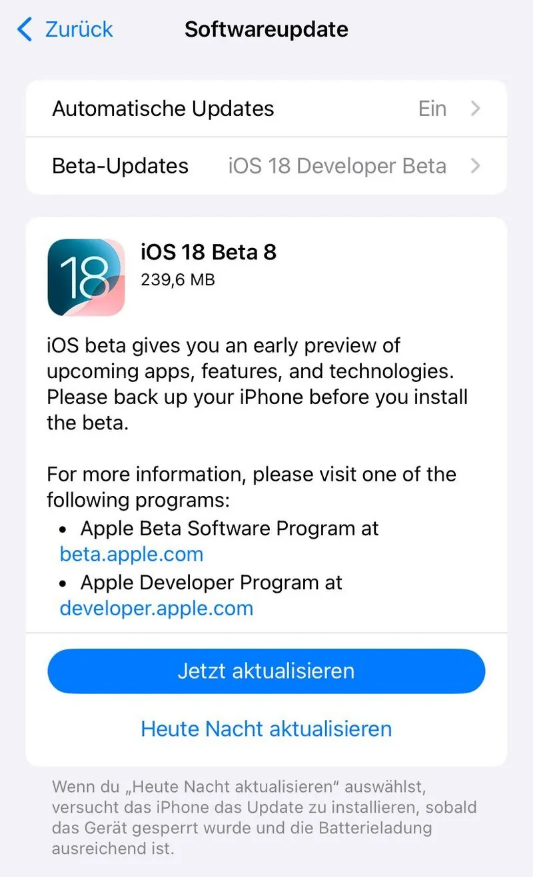 武乡苹果手机维修分享苹果 iOS / iPadOS 18 开发者预览版 Beta 8 发布 